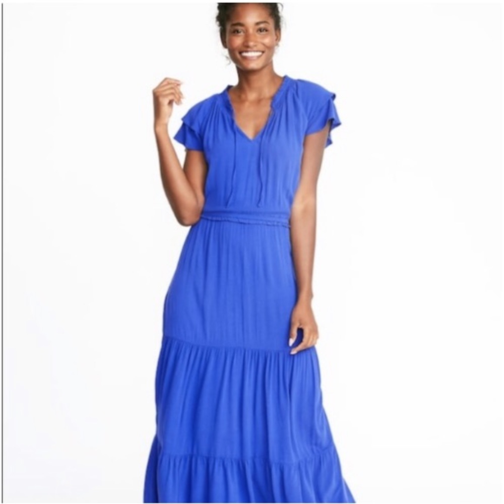 Blue Short Sleeve Smocked Maxi Dress